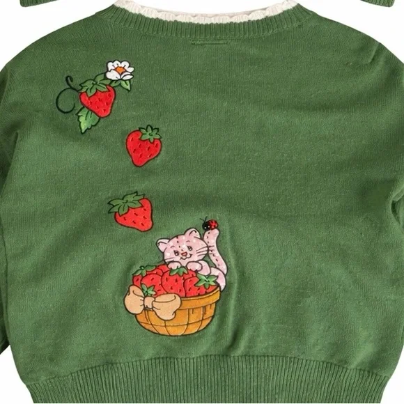 Strawberry Shortcake Green Knit Cardigan with Crocheted Pocket Appliqués - Picture 2 of 3